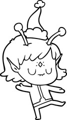 line drawing of a alien girl wearing santa hat