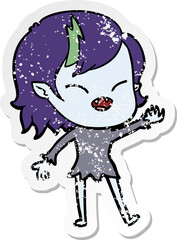 distressed sticker of a cartoon laughing vampire girl