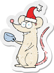 retro distressed sticker of a cartoon mouse wearing christmas hat