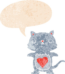 cute cartoon cat and speech bubble in retro textured style