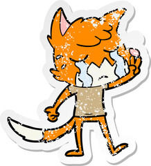 distressed sticker of a crying waving fox cartoon