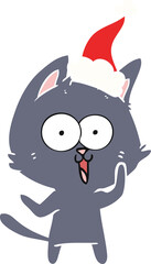 funny flat color illustration of a cat wearing santa hat