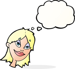 cartoon happy woman with thought bubble