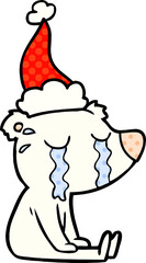 comic book style illustration of a crying sitting polar bear wearing santa hat