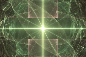 Green glowing pattern of crooked waves and rays on a black background. Abstract fractal 3D rendering