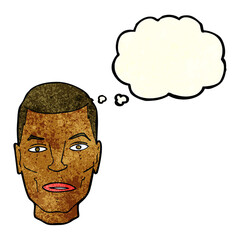 cartoon serious male face with thought bubble
