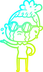 cold gradient line drawing cartoon crying woman wearing spectacles