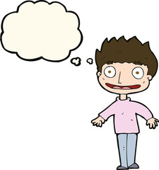 cartoon excited boy with thought bubble