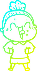 cold gradient line drawing cartoon happy old woman