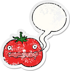 cartoon tomato and speech bubble distressed sticker