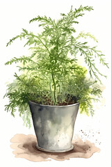 Botanical Watercolor Illustration of Asparagus Fern in Pot. Generative AI