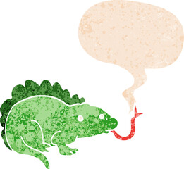 cartoon lizard and speech bubble in retro textured style