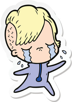sticker of a cartoon crying girl wearing space clothes