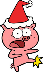 line drawing of a pig shouting and kicking wearing santa hat