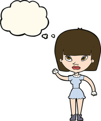 cartoon woman waving with thought bubble