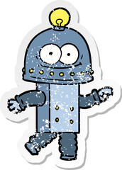 distressed sticker of a happy carton robot with light bulb