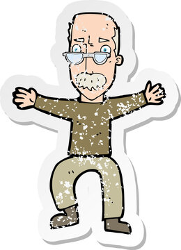 retro distressed sticker of a cartoon old man waving arms