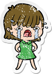 distressed sticker of a cartoon girl crying