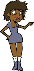 cartoon worried woman in dress pointing