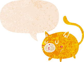 cartoon happy cat and speech bubble in retro textured style