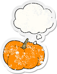 cartoon pumpkin squash and thought bubble as a distressed worn sticker