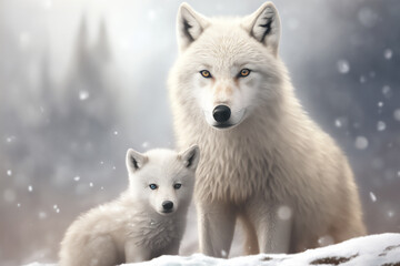 Obraz na płótnie Canvas Portrait of a white arctic wolf with her baby in the snowy day into the forest. Generative AI illustration.