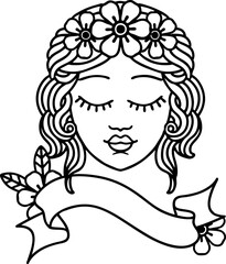 black linework tattoo with banner of a maidens face