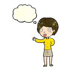 cartoon waving woman with thought bubble