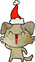 waving little dog textured cartoon of a wearing santa hat