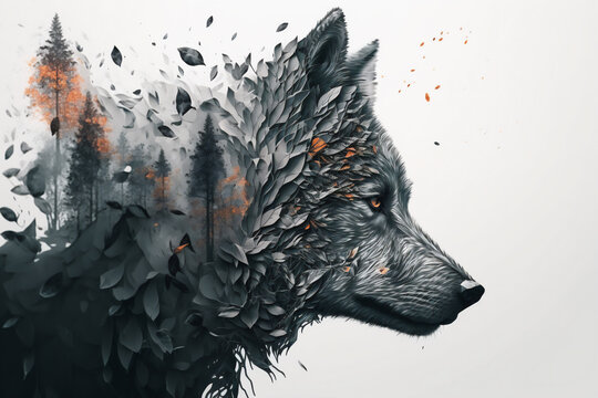 Generative AI illustration of a double exposure of a head of wolf and the forest