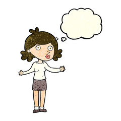 cartoon confused woman with thought bubble