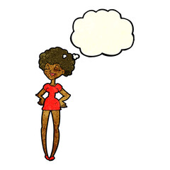 cartoon happy woman with hands on hips with thought bubble