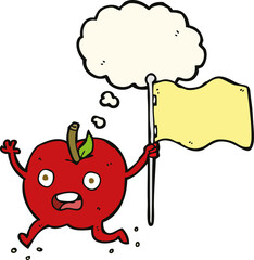 cartoon funny apple with flag with thought bubble