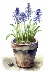 Botanical Watercolor Illustration of Bluebell in Pot. Generative AI