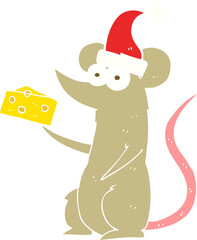 flat color illustration of a cartoon christmas mouse with cheese