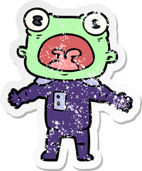 distressed sticker of a cartoon weird alien communicating