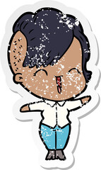 distressed sticker of a cartoon happy hipster girl