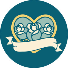 tattoo style icon of a heart and banner with flowers