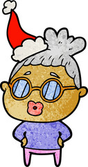 textured cartoon of a librarian woman wearing spectacles wearing santa hat