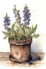 Botanical Watercolor Illustration of Bugloss in Pot. Generative AI