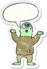 cartoon halloween monster and speech bubble distressed sticker