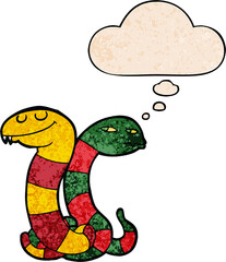 cartoon snakes and thought bubble in grunge texture pattern style