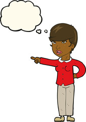 cartoon woman pointing finger of blame with thought bubble