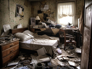Hoarder room packed with boxes, electronics, business equipment, household objects and miscellaneous junk. Generative AI
