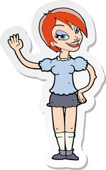 sticker of a cartoon waving woman