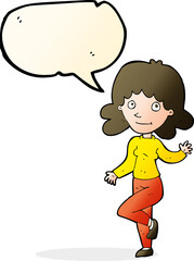 cartoon friendly woman waving with speech bubble