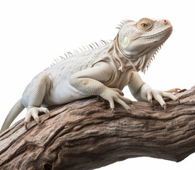 Obraz premium Studio portrait of white iguana on a tree branch. isolated on white background. ai generative