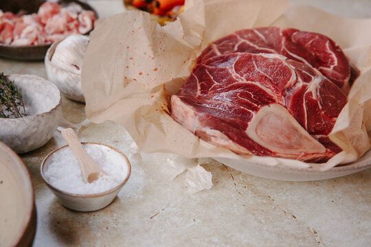 Shin of beef ready for cooking in a stew