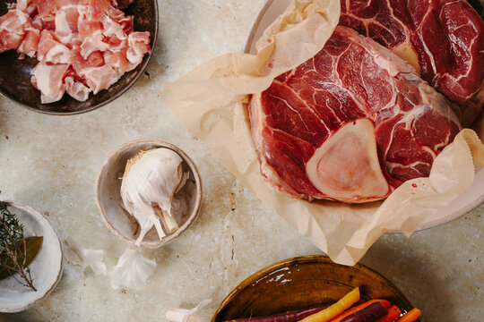 Shin of beef ready for cooking in a stew