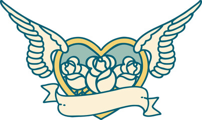 tattoo style icon of a flying heart with flowers and banner